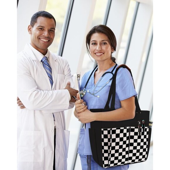 Women Black Lattice Premium Large Utility Canvas Tote Bags with Pockets Zip Top - Picture 6 of 6